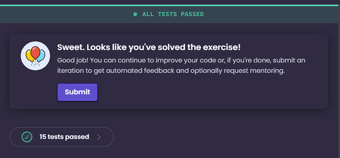Test Runner of the JavaScript Track on Exercism showing all tests have passed