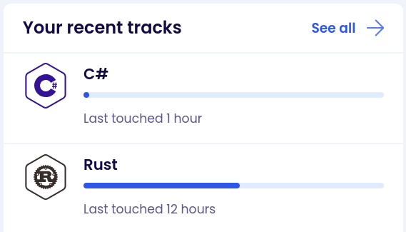 A screenshot showing the C# and the Rust tracks, where the C# track wast last touched 1 hour ago (inaccurate) and the Rust track was touched 12 hours ago (accurate)