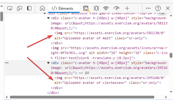 Chrome Developer Tools tools screenshot displaying two overlapping avatars